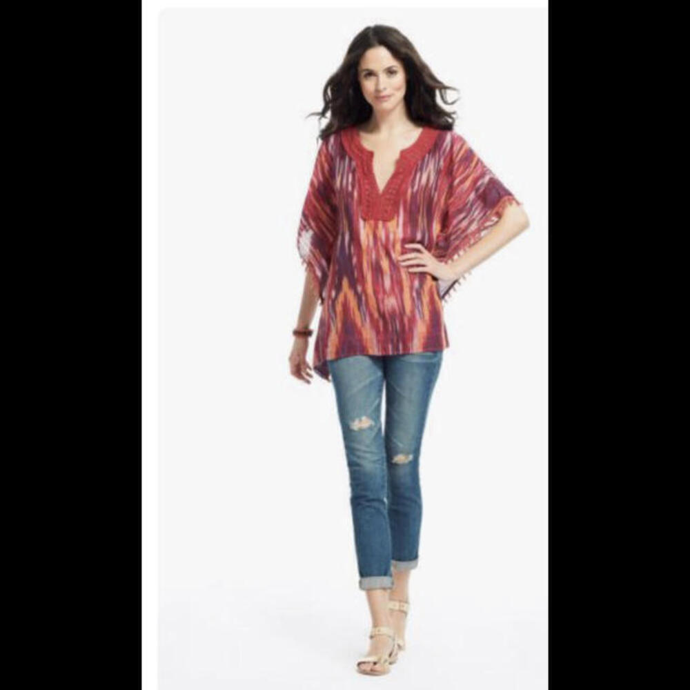 NWT Calypso St Barth CARYA Crochet Metallic Fringed Ikat Printed Poncho M Medium